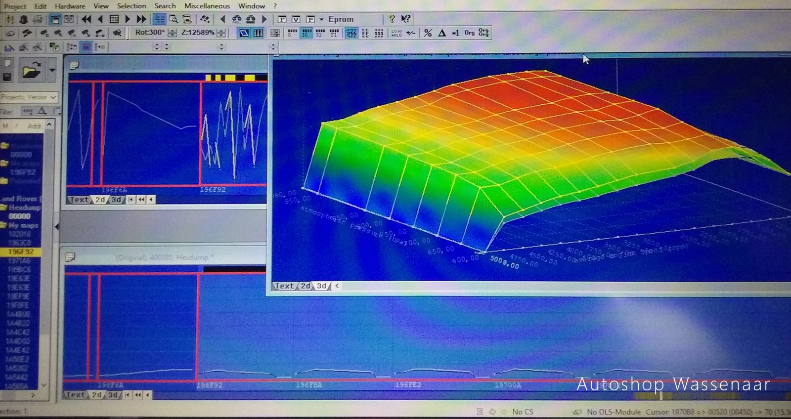 3D-motormap op het scherm tijdens het aanpassen van motor software